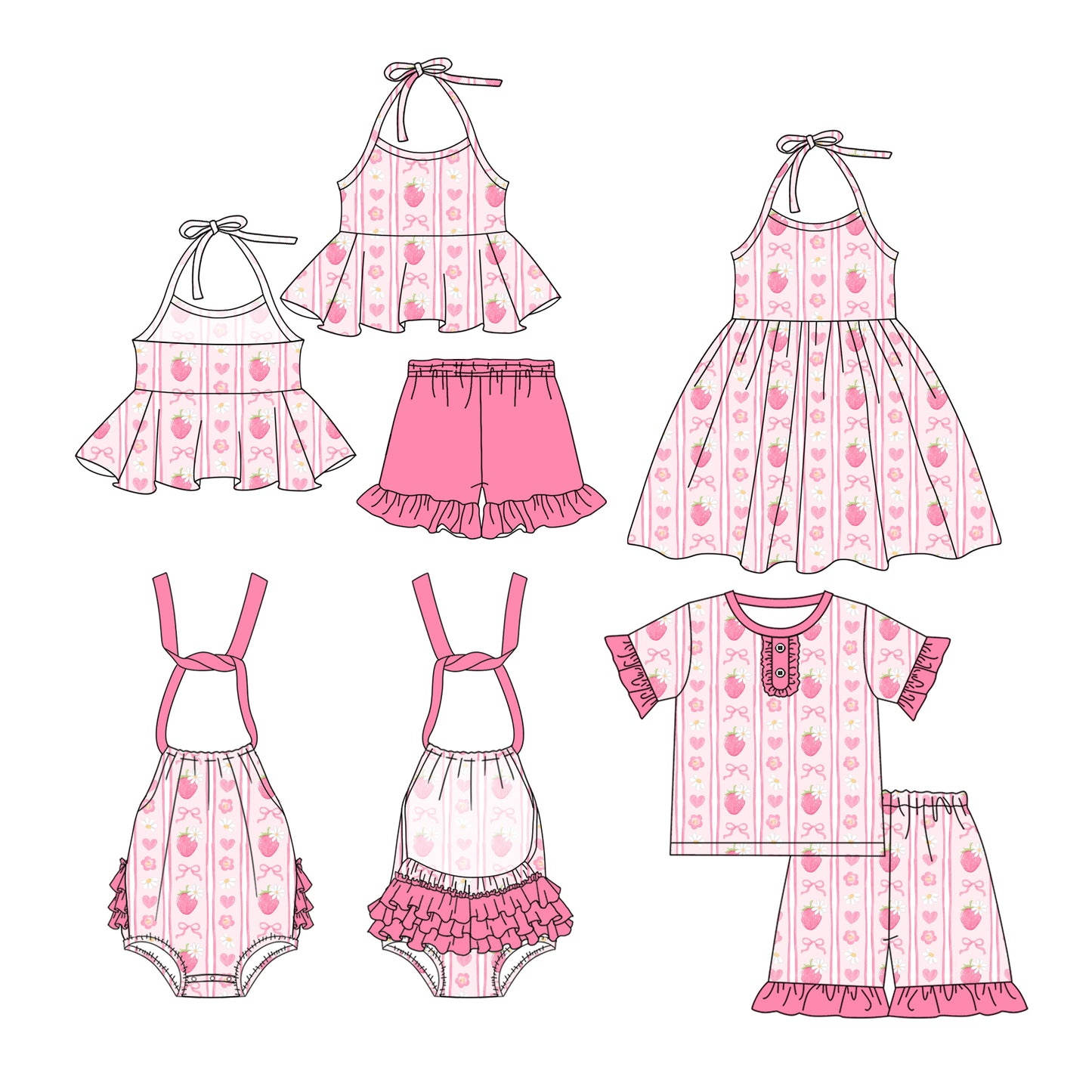Preorder moq 5 Custom Baby Girls Strap Pink Strawberry Floral Tunic Ruffle Short Set Knee Length Dress And Rompers
