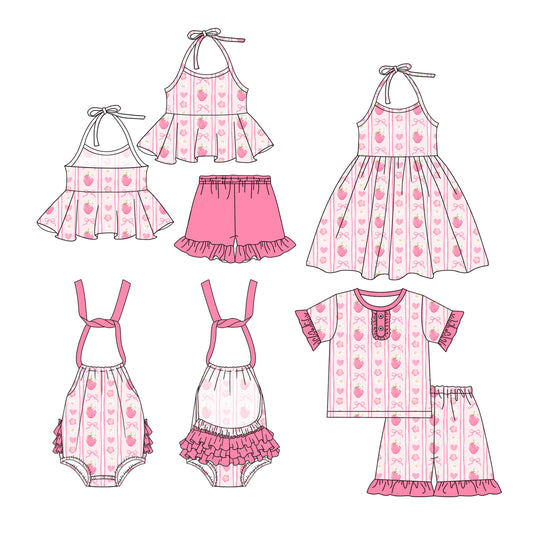 Preorder moq 5 Custom Baby Girls Strap Pink Strawberry Floral Tunic Ruffle Short Set Knee Length Dress And Rompers