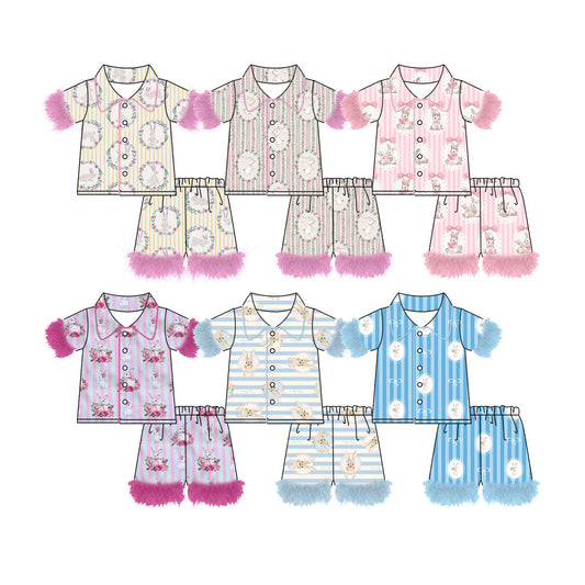 Preorder (moq 5) Baby Girl Clothes Easter Bunny Circle Bow Blue Stripe Print Short Sleeve Feather Trim Pajama Short Set