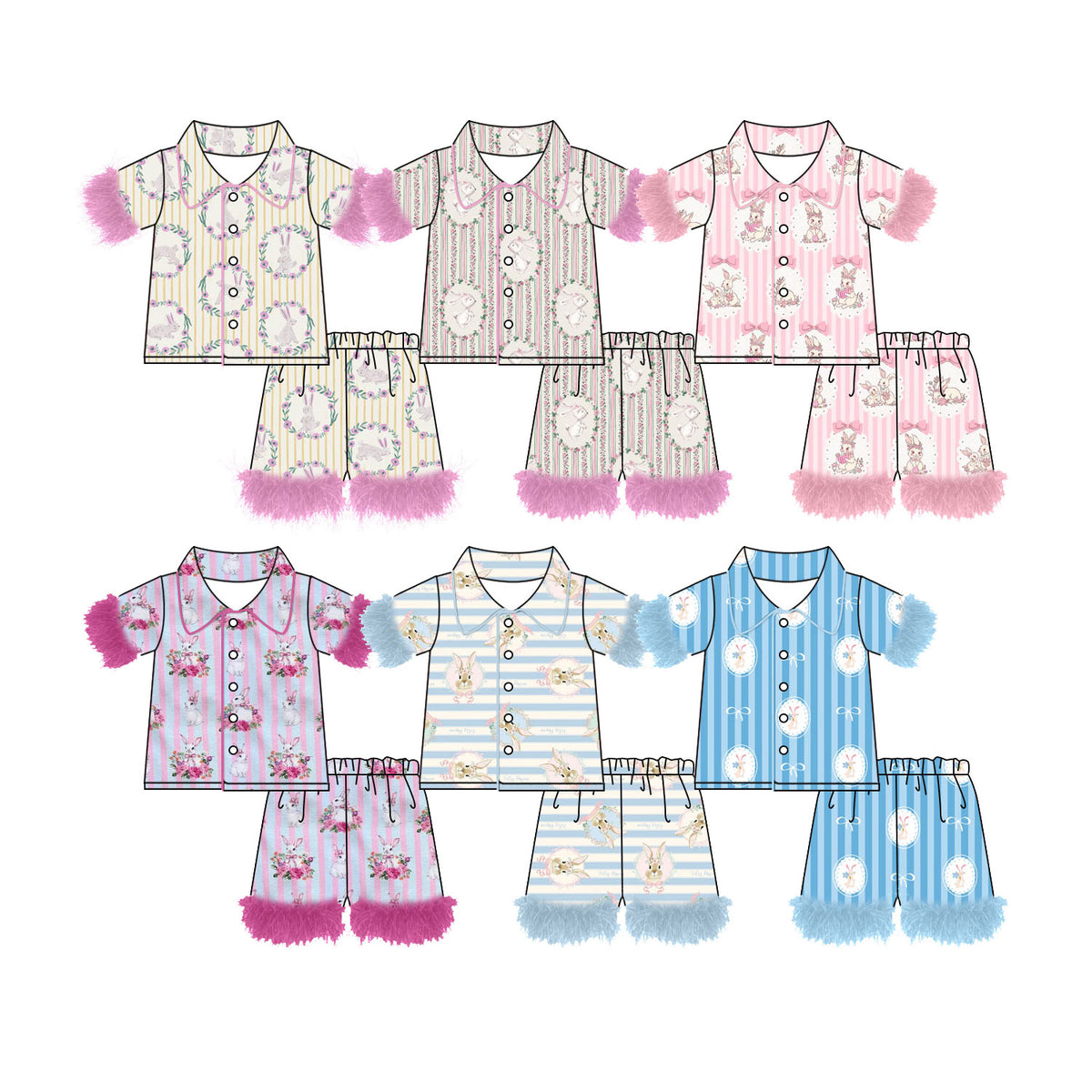 Preorder (moq 5) Baby Girl Clothes Easter Bunny Floral Oval Frame Stripe Print Short Sleeve Feather Trim Pajama Short Set