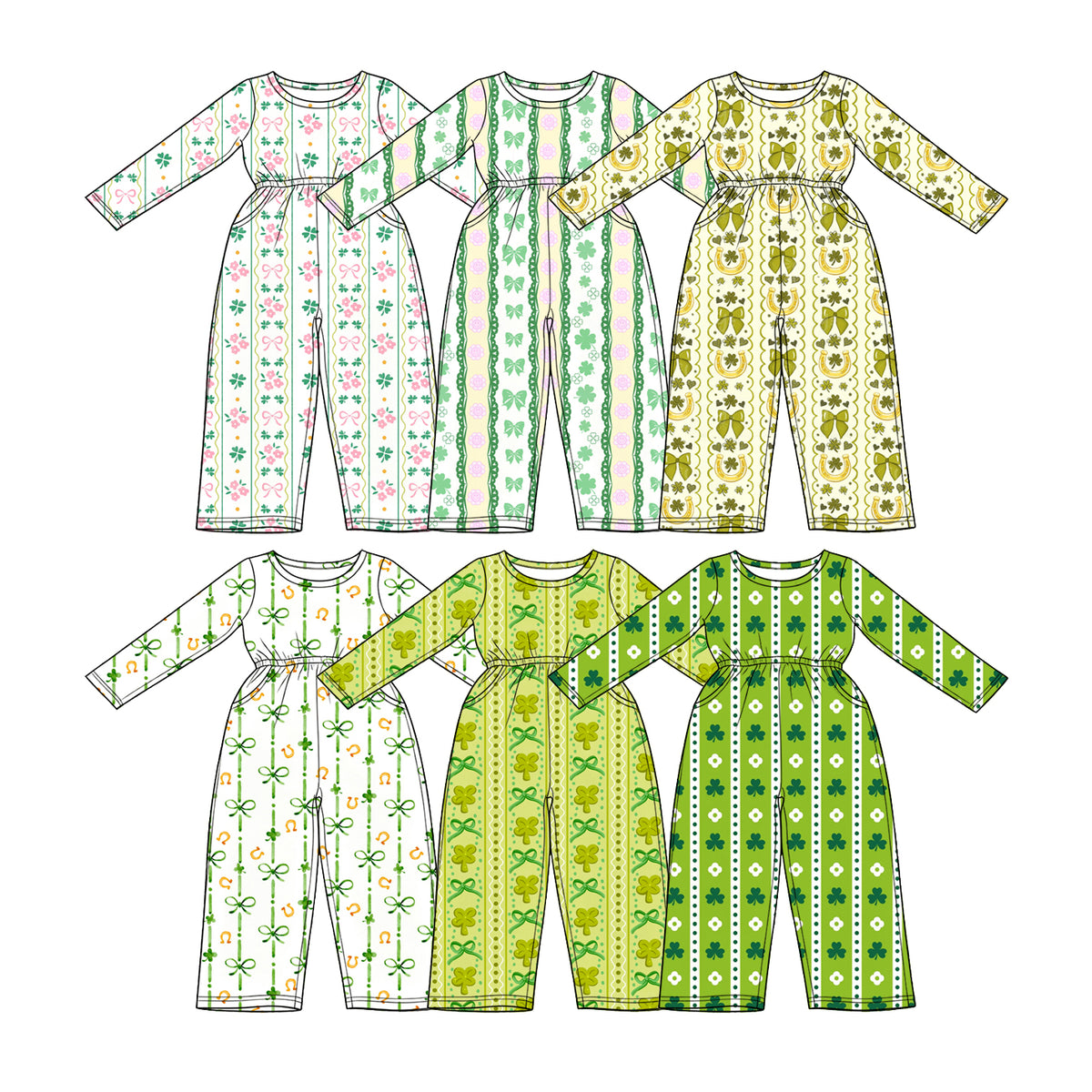 Preorder (moq 5) Baby Girl Clothes St Patrick's Day Dot Clover Bow Vertical Striped Print Long Sleeve Waist Jumpsuit