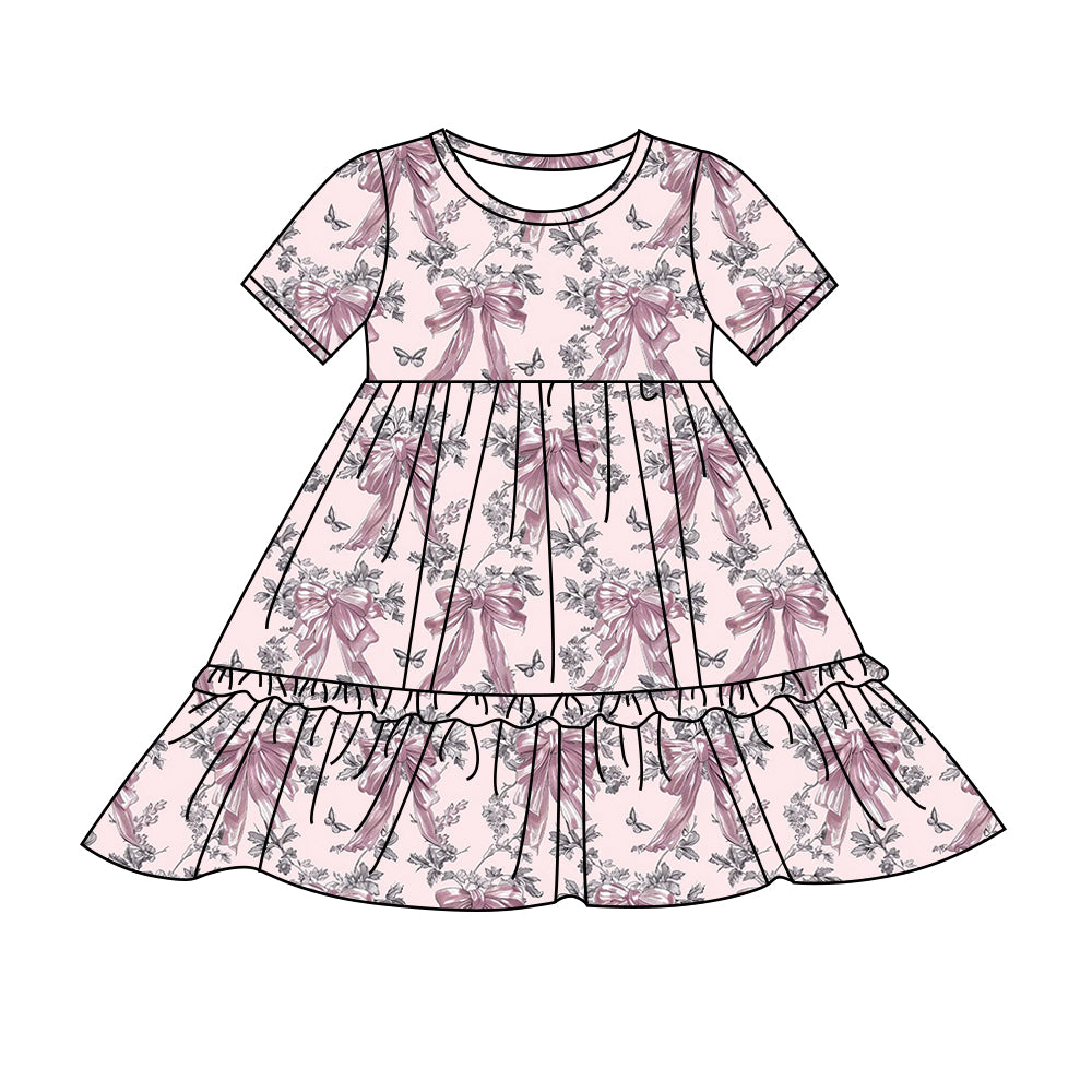 Preorder (moq 5)Baby Girls Pink Bows Trees Knee Length Dresses
