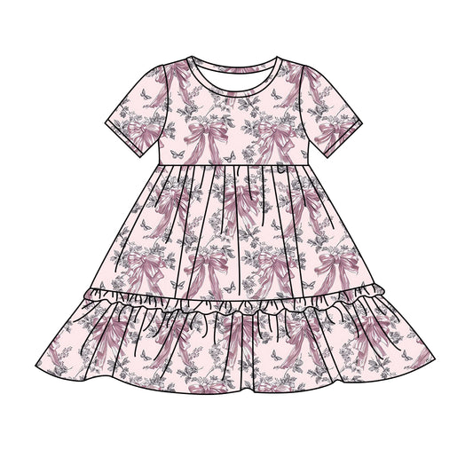 Preorder (moq 5)Baby Girls Pink Bows Trees Knee Length Dresses