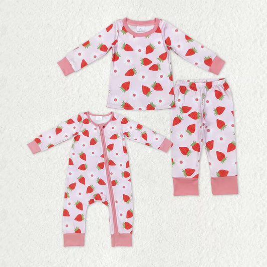 Sibling Baby Girls Pink Flowers Strawberry Pajamas Sets Zipper Footie Rompers