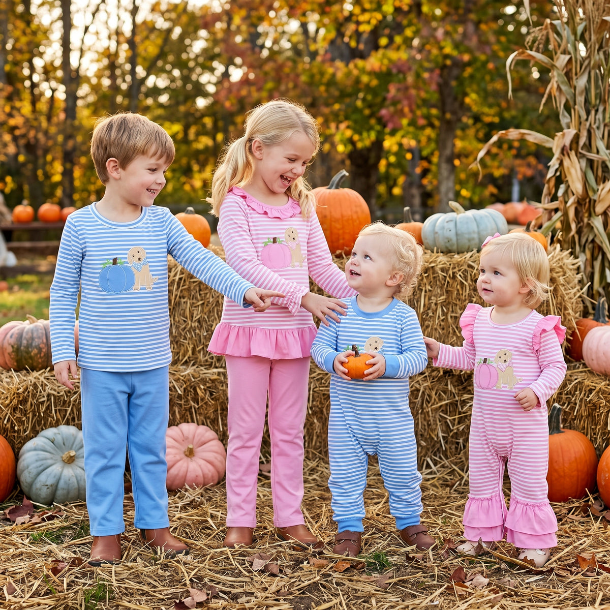Sibling Baby Kids Embroidery Dog Pumpkins Stripe Tunic Leggings Fall Set Rompers