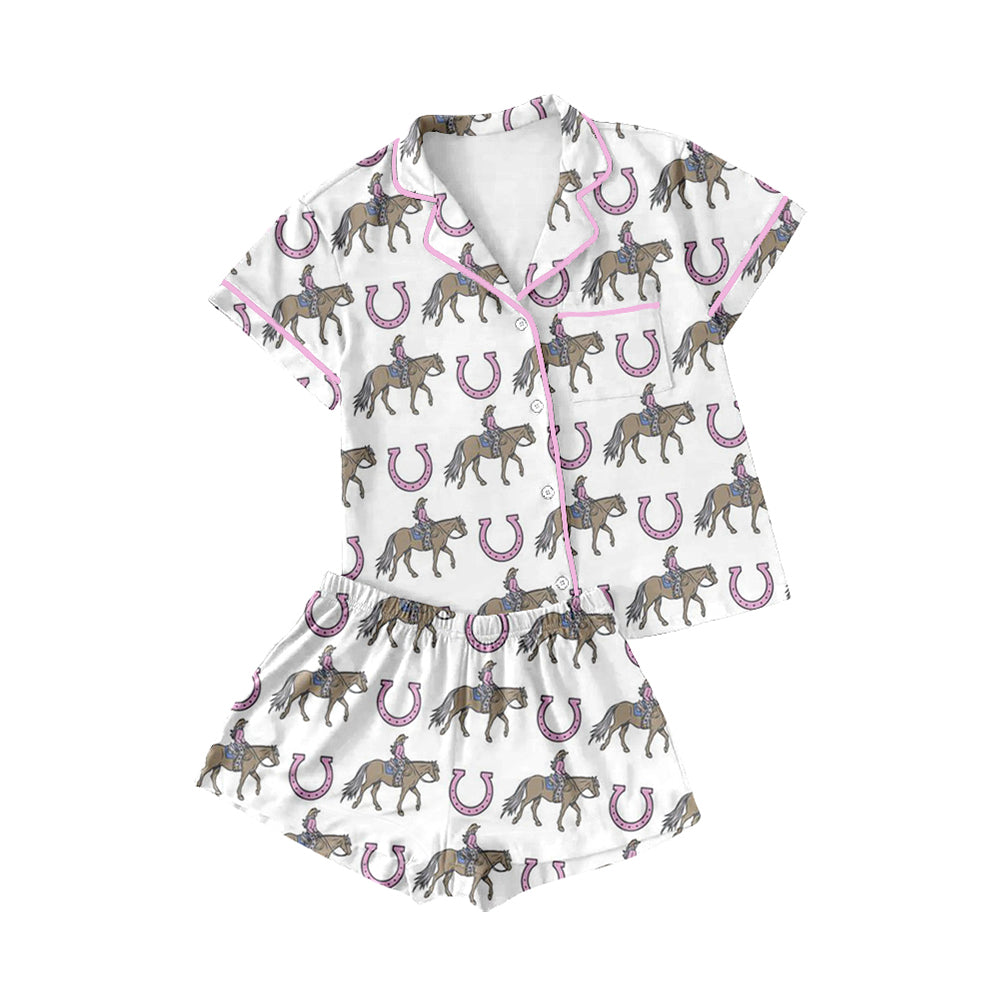 Preorder(moq 5)Adult Women Western Rodeo Pink Buttons Tee Shirts Shorts Pajamas Sets