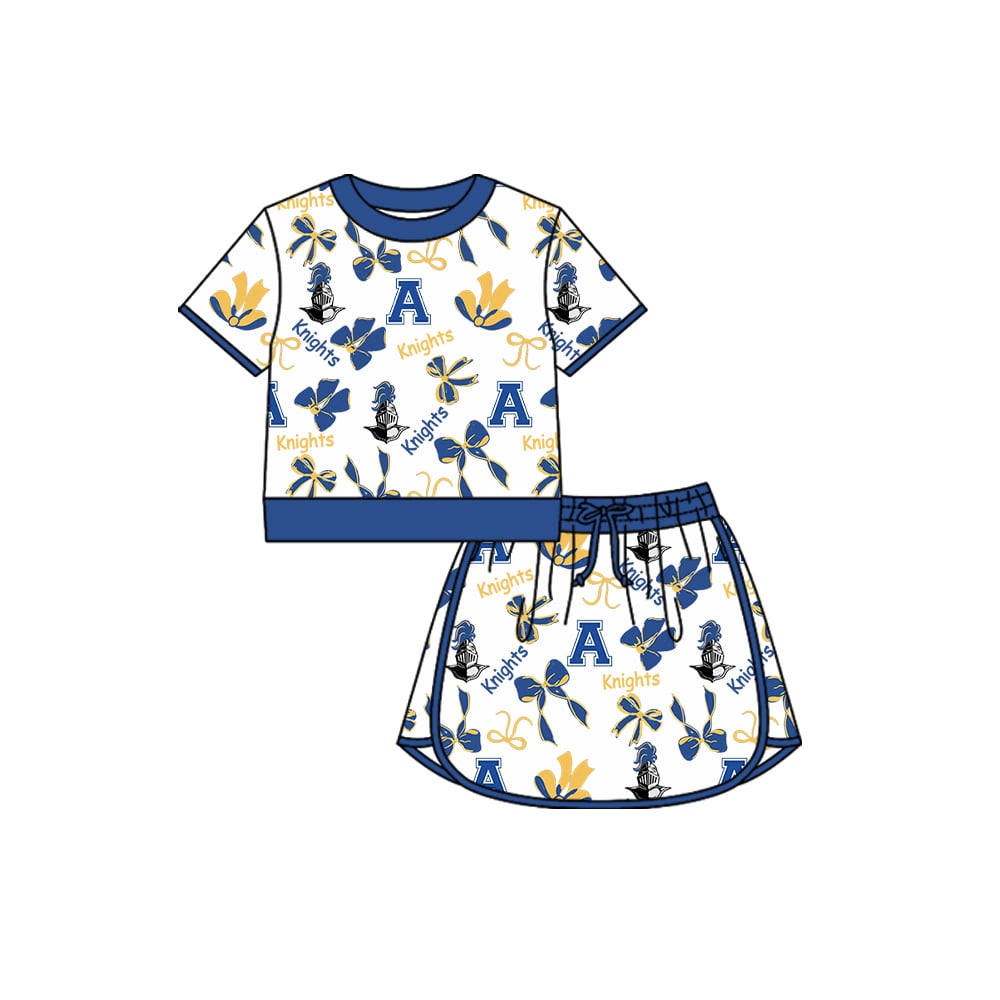 Preorder (moq 5)Baby Girls Short Sleeves Knights Top Bows Skorts Team Sets