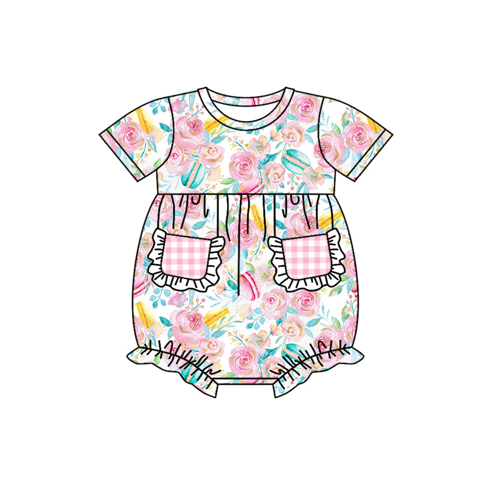 Baby Girls Pink Flowers Pockets Short Sleeve Rompers Preorder(moq 5)