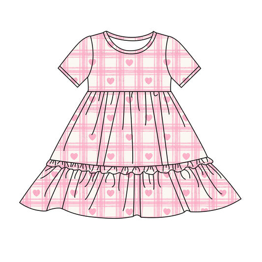 Preorder (moq 5)Baby Girls Valentines Pink Hearts Checkered Knee Length Dresses