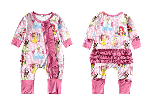 Preorder(moq 5)Baby Infant Girls Pink Princess Ruffles Zip Rompers