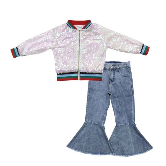 Baby Girls White Sequin Jackets Denim Bell Pants 2pcs Clothing Sets