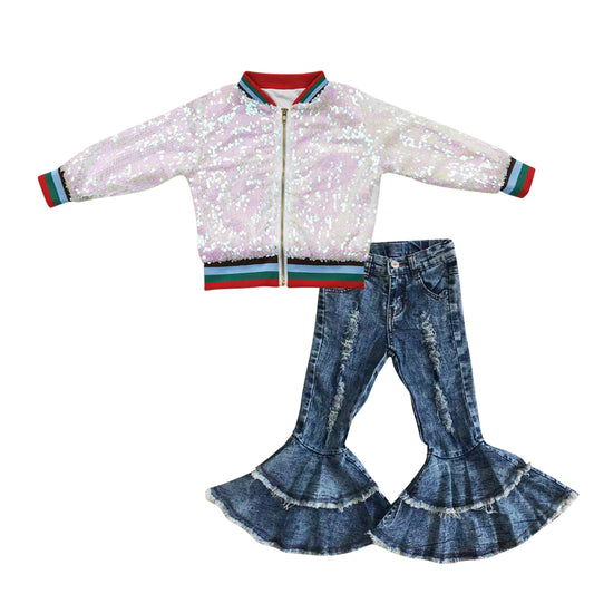 Baby Girls White Sequin Jackets Navy Denim Bell Pants 2pcs Clothing Sets