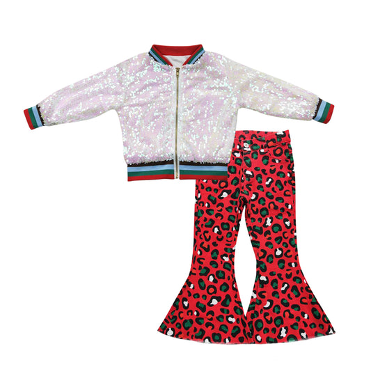Baby Girls White Sequin Jackets Red Leopard Denim Bell Pants 2pcs Clothing Sets