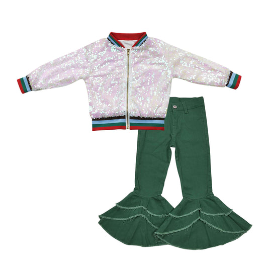 Baby Girls White Sequin Jackets Green Denim Bell Pants 2pcs Clothing Sets