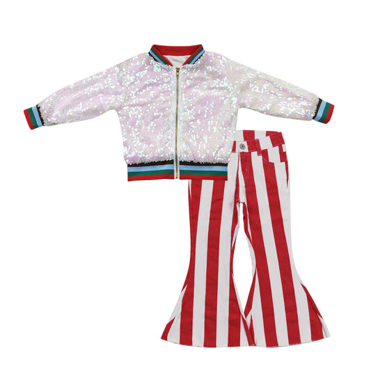 Baby Girls White Sequin Jackets Red Stripes Denim Bell Pants 2pcs Clothing Sets
