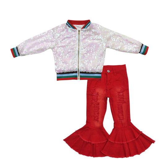 Baby Girls White Sequin Jackets Red Denim Bell Pants 2pcs Clothing Sets