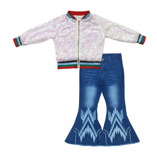 Baby Girls White Sequin Jackets Aztec Denim Bell Pants 2pcs Clothing Sets