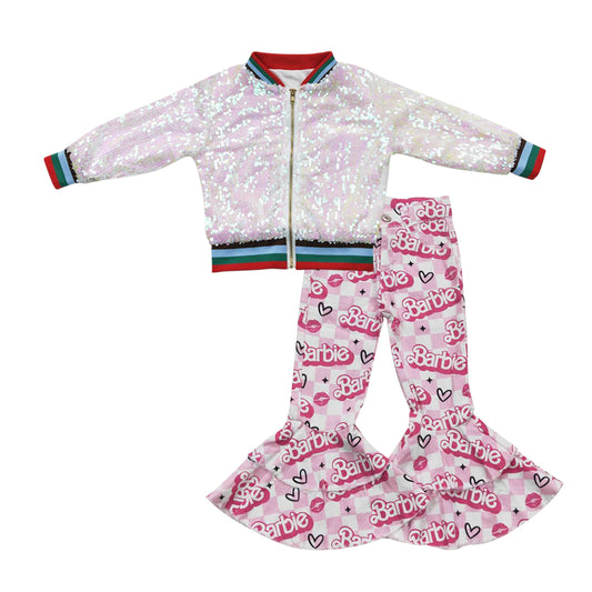 Baby Girls White Sequin Jackets Valentines Doll Denim Bell Pants 2pcs Clothing Sets