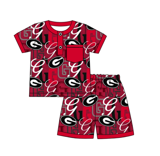 Preorder (moq 5)Baby Boys Short Sleeves G Button Pocket Top Shorts Team Pajamas Set