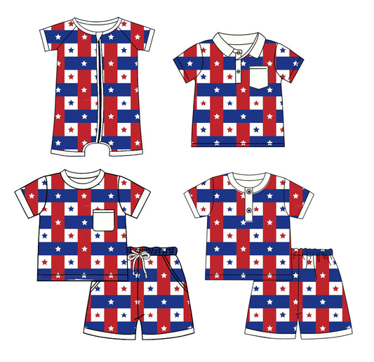 Preorder moq 5 Custom Baby Boys Short Sleeves Blue Red Plaid Stars Top Short Pajamas 4th Of July Set Polo Shirts And Zipper Rompers