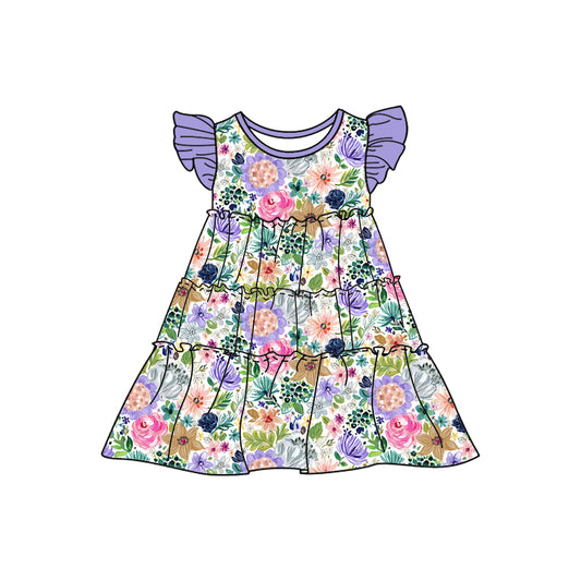 Baby Girls Purple Flowers Flutter Sleeve Knee Length Dresses preorder (moq 5)