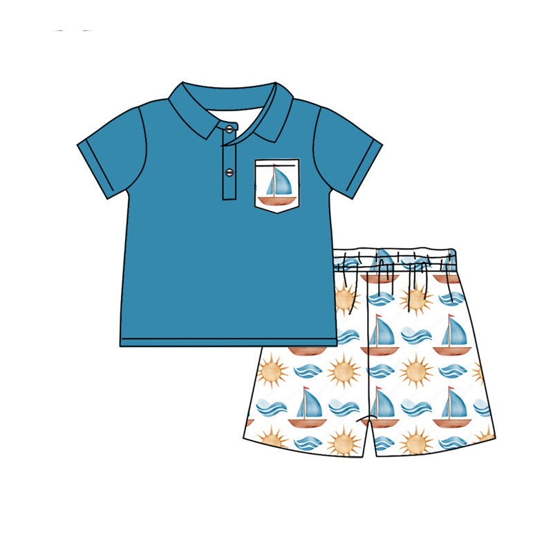 Preorder (moq 5)Baby Boys Blue Pocket Top Sailboats Shorts Clothes Sets