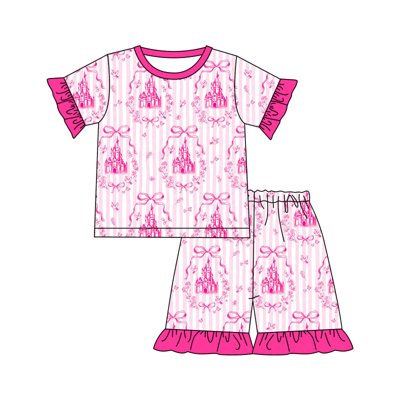 Preorder moq 5 Baby Girls Pink Strip Bows Castles Top Ruffle Shorts Clothes Sets