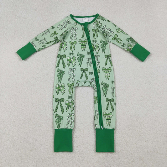 Baby Boys Green Clover Bows St Patrick Zipper Footie Rompers