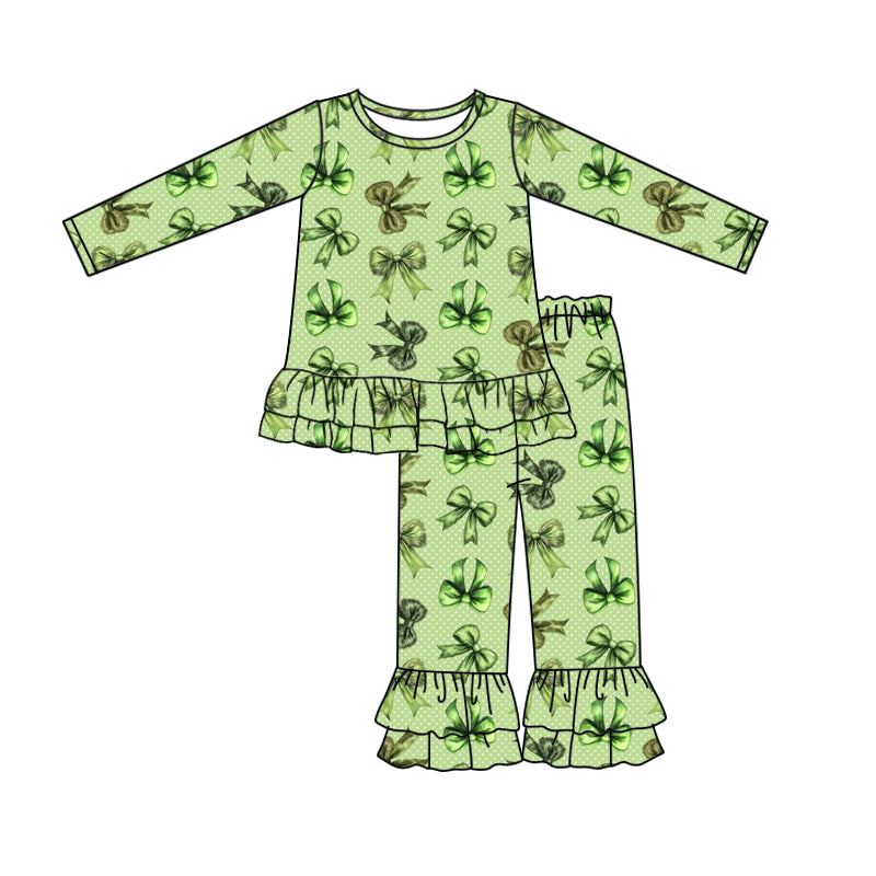 Preorder(moq 5) Baby Girls Green Checkered Face Bows Christmas Top Ruffle Pants Clothes Sets
