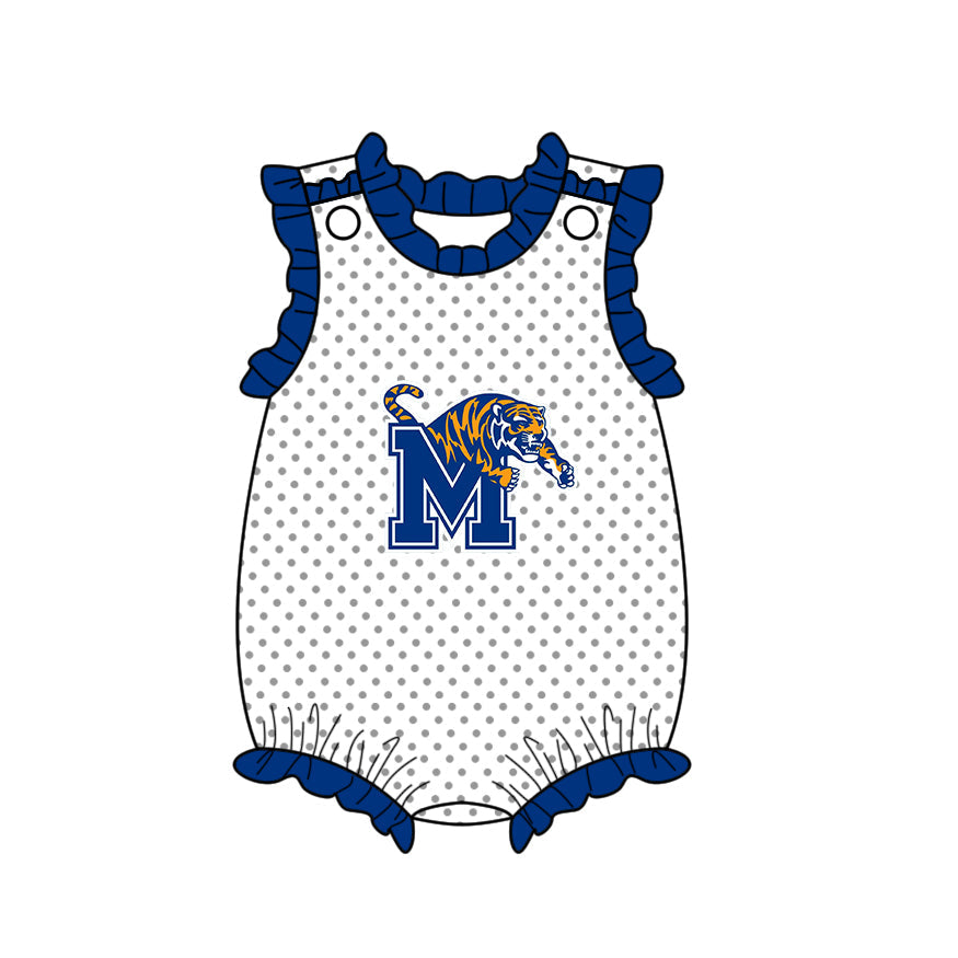 Preorder (moq 5)Baby Girls Sleeveless Memphis Tigers Team Polka Dots Ruffle Rompers