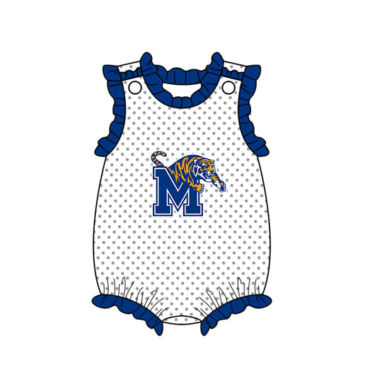 Preorder (moq 5)Baby Girls Sleeveless Memphis Tigers Team Polka Dots Ruffle Rompers