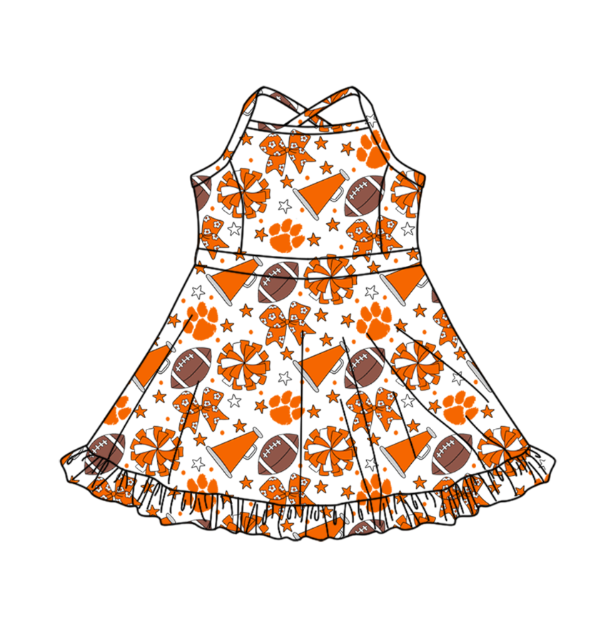 Preorder (moq 5)Baby Girls Strap Bows Stars Footballs Team Shorts Ruffle Knee Length Dress