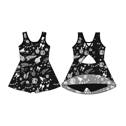 Preorder (moq 5)Baby Girls Sleeveless Black Wildcats Bows Shorts Team Dresses