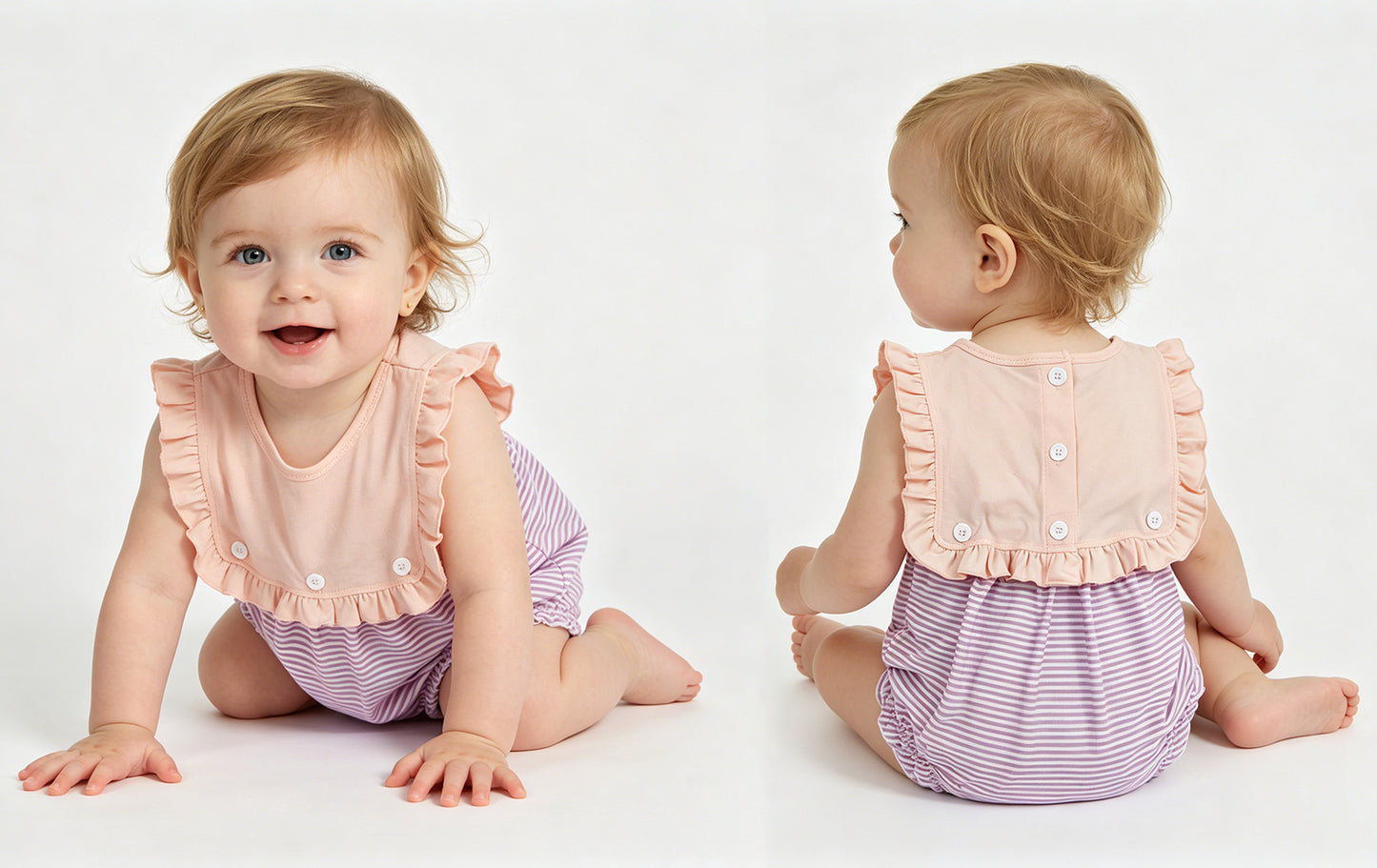 Baby Girls Sleeveless Lavender Stripe Back Button Two Pieces Ruffle Rompers