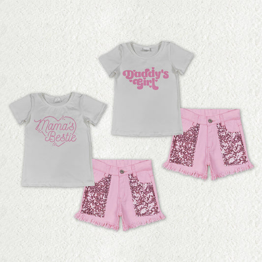 Sibling Baby Girls Dad and Mom Shirt Top Sequin Pockets Denim Short Clothes Sets