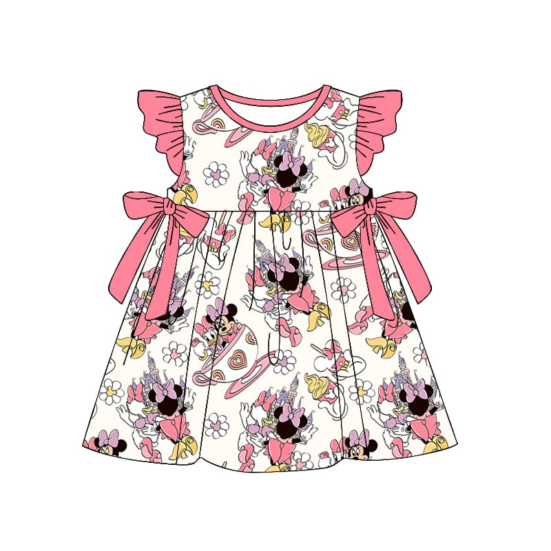 Preorder (moq 5)Baby Girls Dark Pink Cartoon Mouse Bows Knee Length Dresses