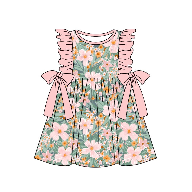 Baby Girls Pink Flowers Bows Knee Length Dresses Preorder(moq 5)