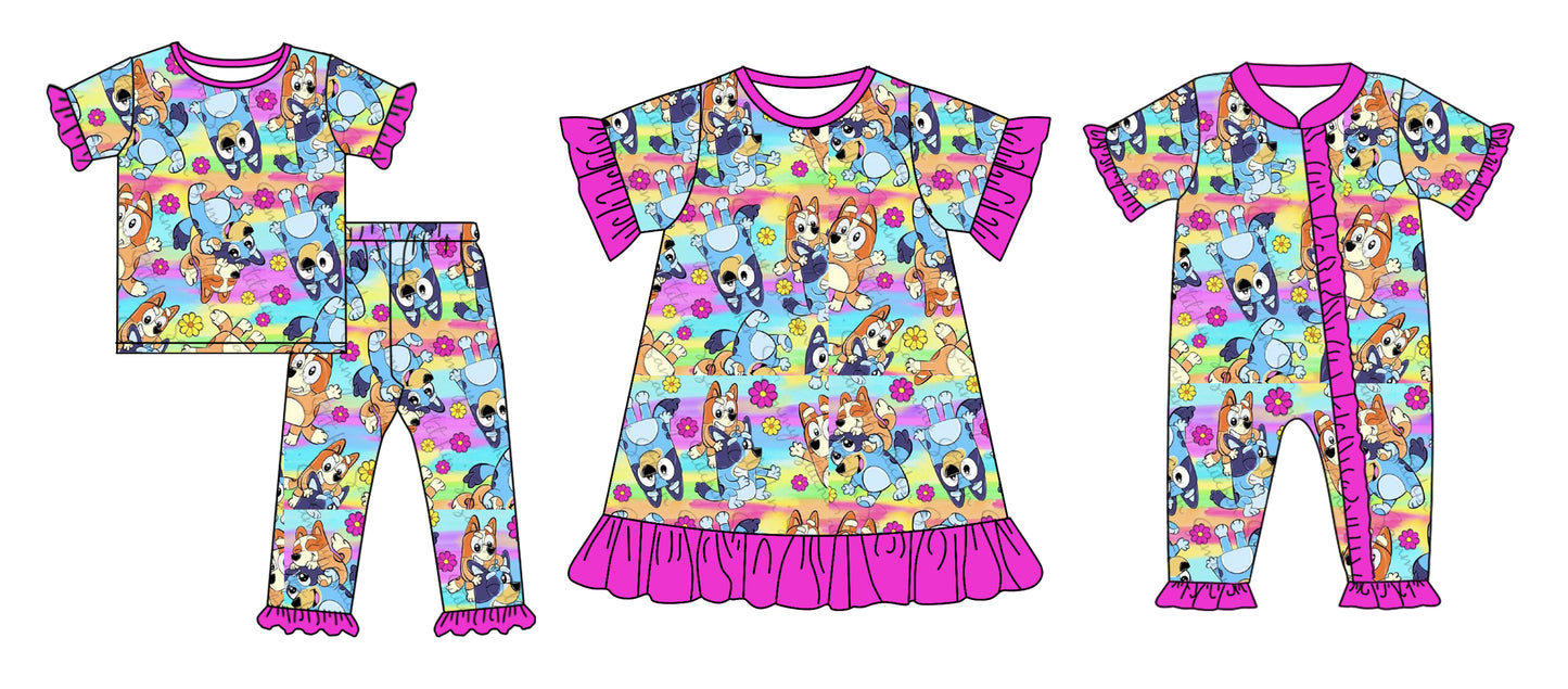 Preorder(moq 5 each) Baby Girls Colorful Flowers Cartoon Dogs Romper Dress Pants Sets