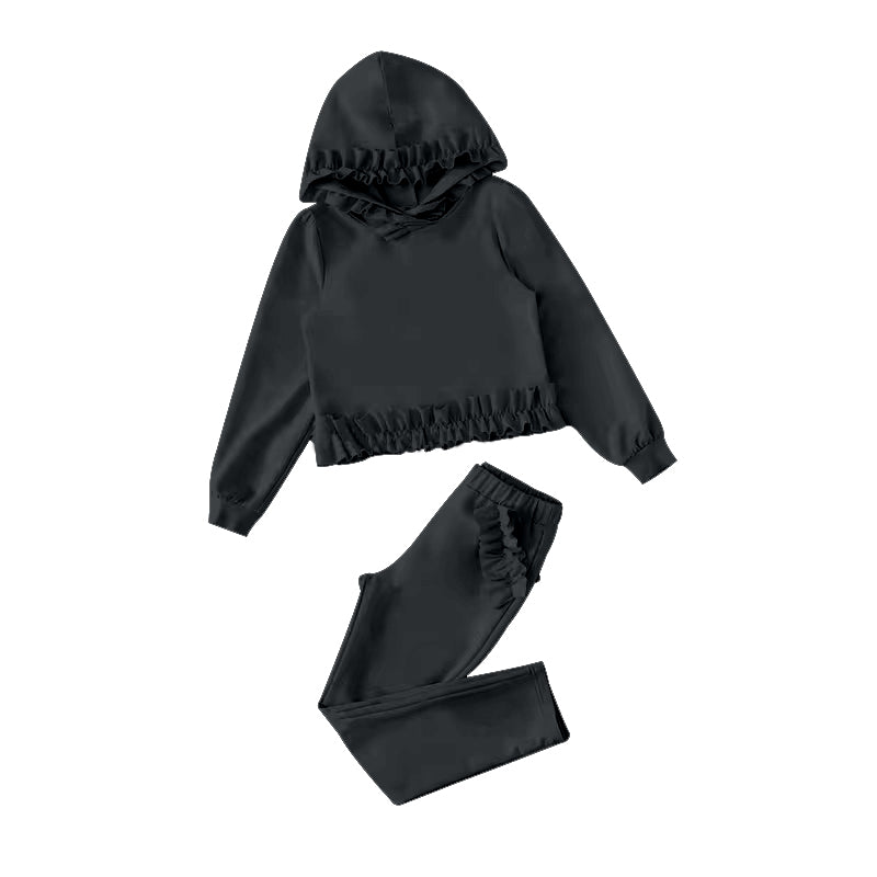 Baby Girls Black Hooded Top Ruffle Legging Pants Clothes Sets Preorder(moq 5)