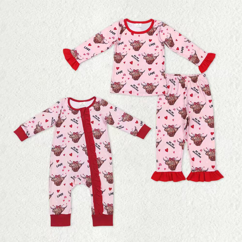 Sibling Baby Girls Hearts Highland Cows Top Ruffle Pants Valentine Pajamas Sets Zipper Footie Rompers