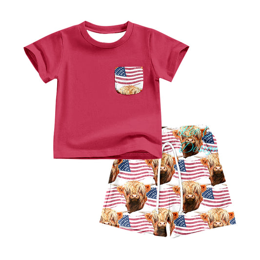 Baby Boys Short Sleeve 4th Of July Highland Cows Pocket Shirt Shorts Outfits Sets preorder(moq 5)