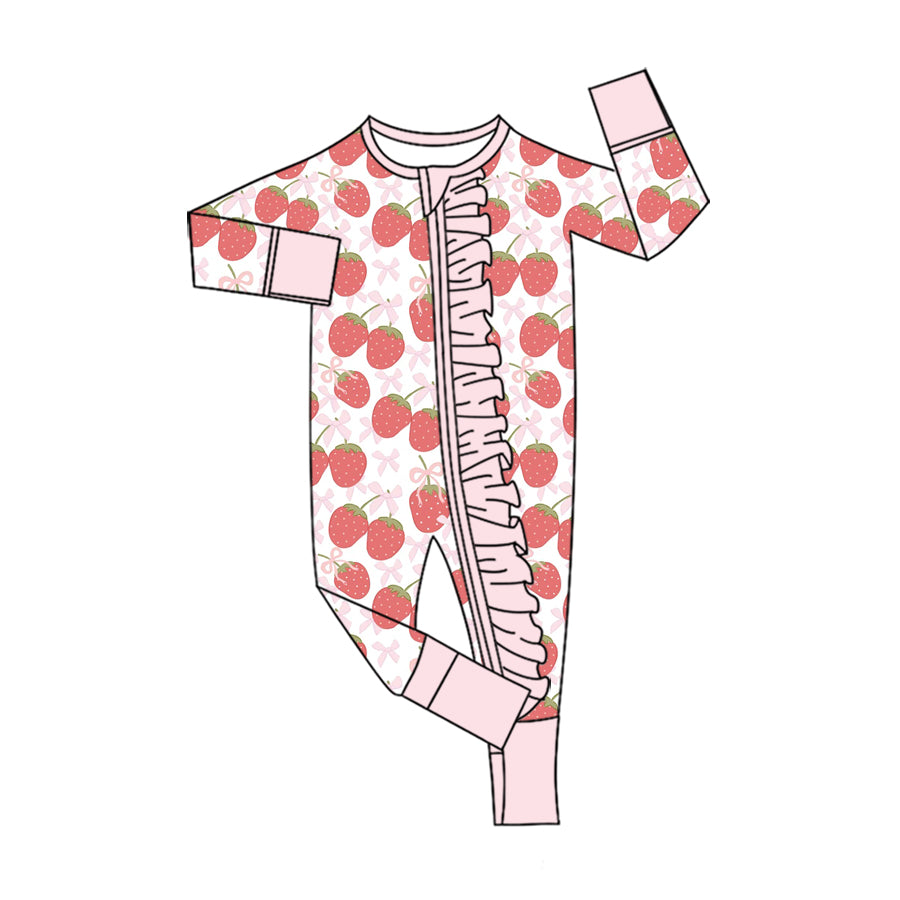 Preorder (moq 5) Baby Girls Bows Strawberry Two Way Ruffle Zip Convertible Rompers