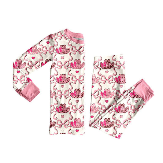 Preorder(moq 8)Baby Girls Long Sleeve Hats Bows Checked Top Pants Pajamas Sets