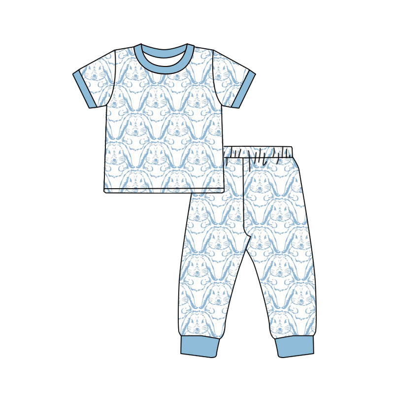 Preorder (moq 5) Baby Boys Blue Rabbits Plaid Top Pant Easter Pajamas Set