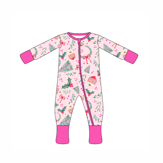 Preorder moq 10 Baby Kids Pink Long Sleeves Bows Trees Zipper Pant Rompers