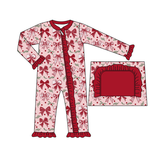 Preorder (moq 5)Baby Girls Long Ruffle Sleeves Dark Red Flowers Bows Zipper Rompers