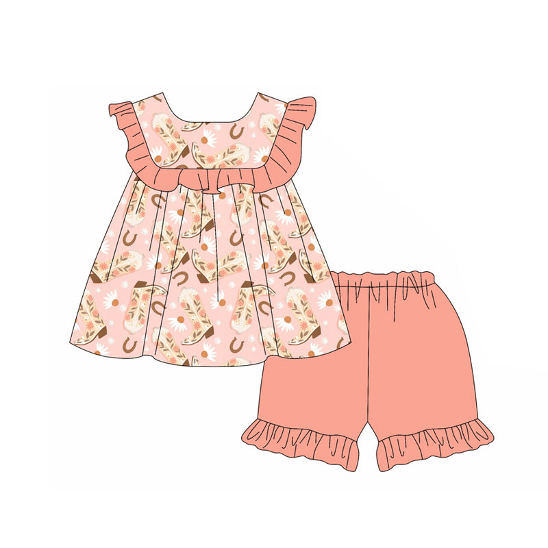 Preorder (moq 5)Baby Girls Peach Sleeveless Boots Flowers Tunic Ruffle Shorts Clothes Sets