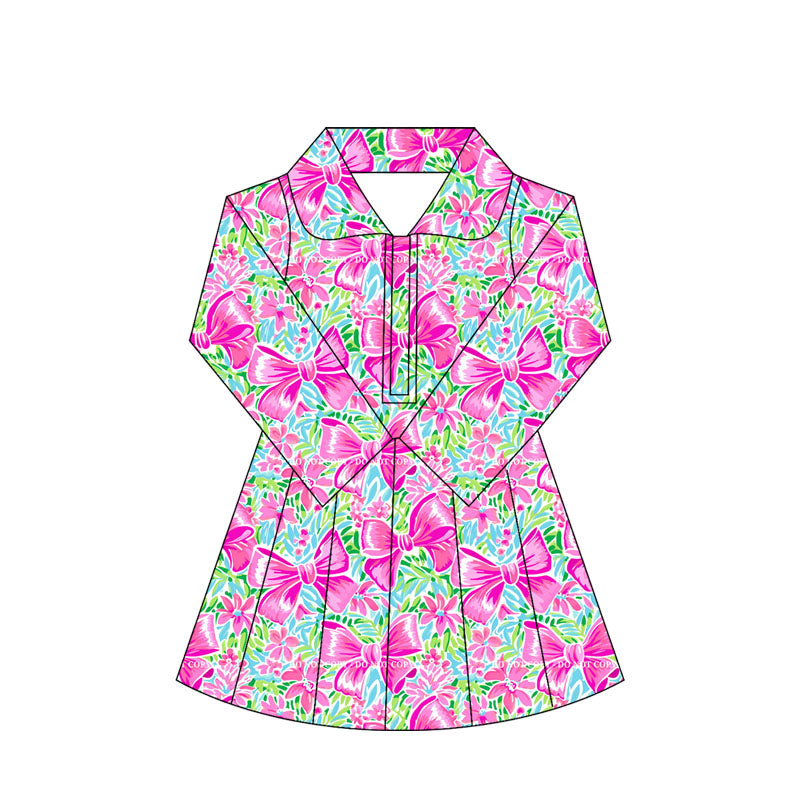 Preorder moq 10 Baby Girls Rose Red Bows Floral Long Sleeves Zipper Activity Wear Yoga Knee Length Dresses