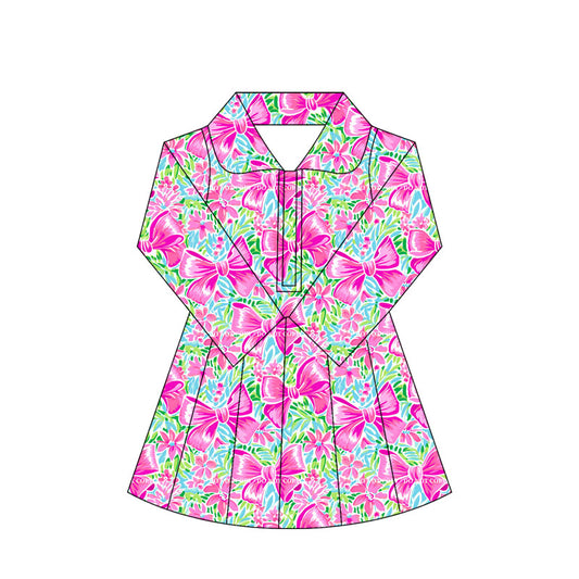 Preorder moq 10 Baby Girls Rose Red Bows Floral Long Sleeves Zipper Activity Wear Yoga Knee Length Dresses