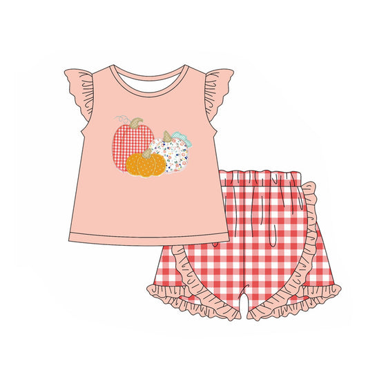 Preorder (moq 5)Baby Girls Peach Flutter Sleeves Floral Pumpkins Top Plaid Ruffle Shorts Set